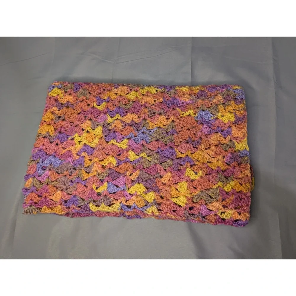 Large‎ Hand Crocheted Throw Blanket Afghan Multicolor Pink Purple Orange 47x34